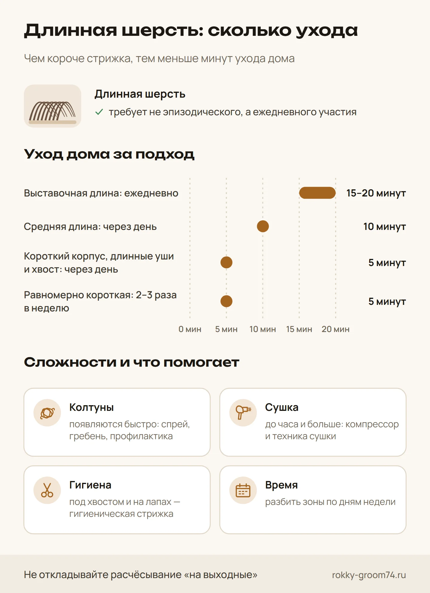 Инфографика: сколько времени занимает уход за длинной шерстью собаки при разной длине стрижки и какие сложности бывают — колтуны, сушка, гигиена