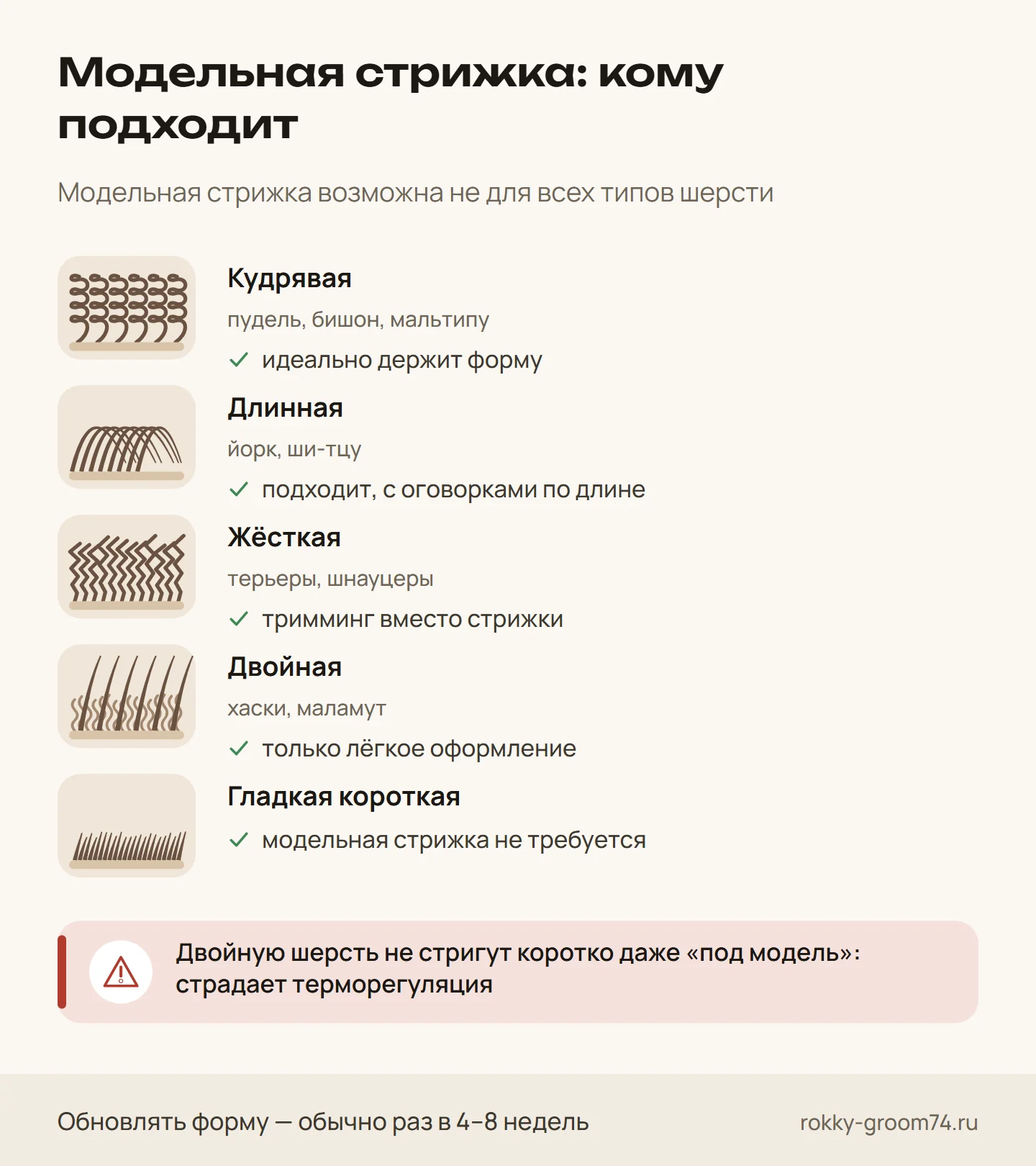 Инфографика: для какой шерсти подходит модельная стрижка собаки — кудрявая, длинная, жёсткая, двойная и гладкая короткая