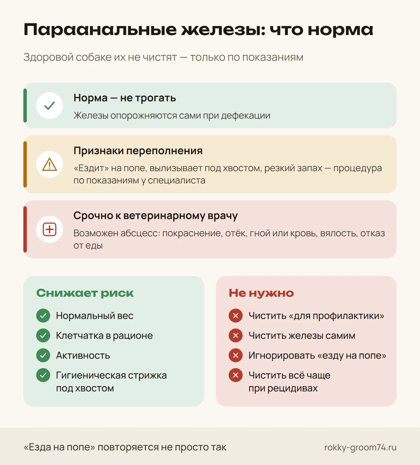 Инфографика: параанальные железы у собаки — норма, признаки переполнения и срочные признаки для ветеринарного врача; что снижает риск и чего не делать