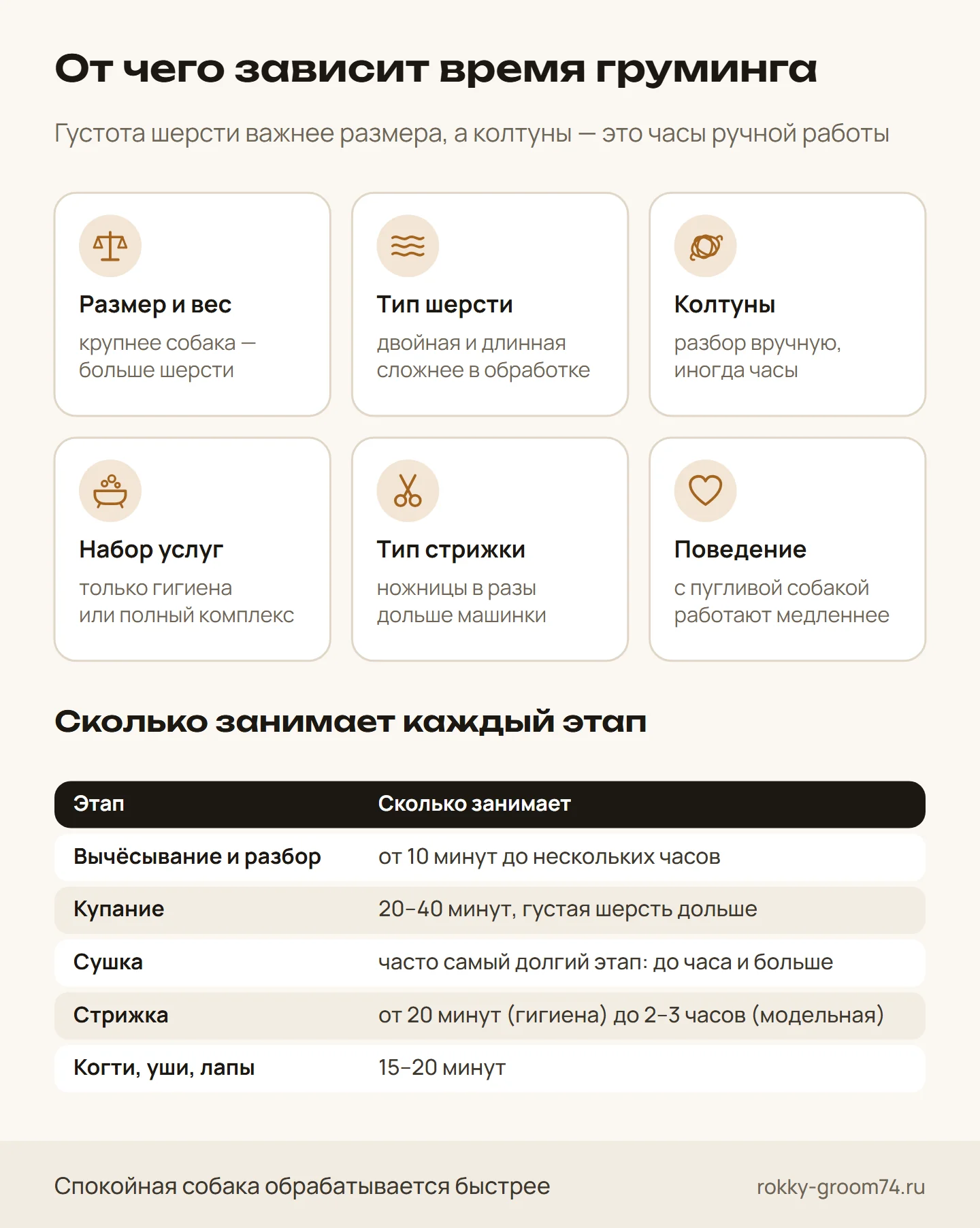 Инфографика: от чего зависит время груминга собаки — размер, тип и состояние шерсти, стрижка, поведение — и сколько длится каждый этап